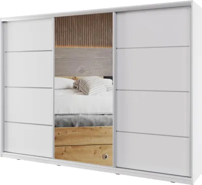 Obrázek produktu pro Šatní skříň NEJBY BARNABA 280 cm s posuvnými dveřmi, zrcadlem, 4 šuplíky a 2 šatními tyčemi, bílá