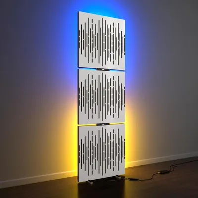 Produktbild von 3er-Pack – Akustikpaneele „WAVE” mit Stehleuchte RGB-Licht | Mobiler LED-Akustikständer mit Hintergrundbeleuchtung | 150x50x5cm|Weiß