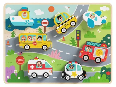 Obrázok produktu pre Tooky Toy Montessori drevené puzzle Vozidlá Autá Lietadlo Loď Mesto Zápas tvarov