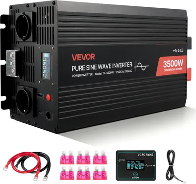 Produktbild von VEVOR 3500 W Wechselrichter, 12 V DC auf 230 V AC, reiner Sinus-Wechselrichter, Solar-Autoladegerät-Konverter mit LCD-Display, Fernbedienung, USB-Anschluss, 2 AC-Steckdosen, Typ-C-Anschluss