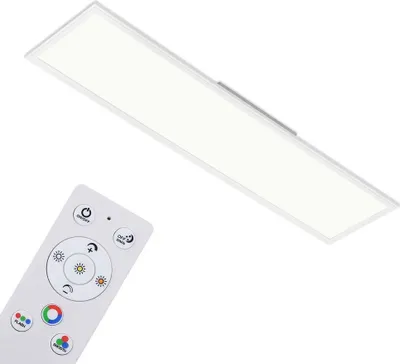 A white LED panel light and a white remote control are shown against a white background.