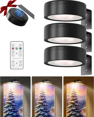 Produktbild von 3er-Pack LED-Bilderleuchten mit Fernbedienung, dimmbar, 3 Lichtfarben, magnetisch für Gemälde & Wanddekoration
