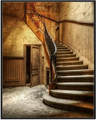 Produktbild von Wallario Wandbild Rustikale Holztreppe, Größe: 40,30 x 50,30 cm, Poster mit schwarzem Aluminiumrahmen