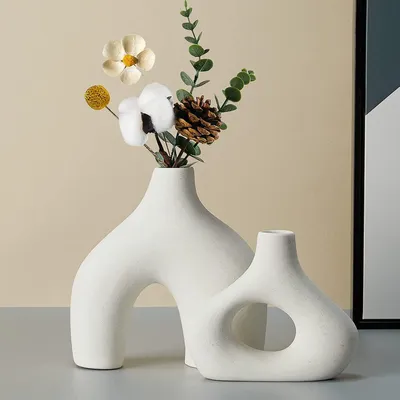 Produktbild von Famanu Vasen-Set 2 Stück Doppelte Bergvase - Weiße Keramik für modernen Boho Nordic Minimalismus