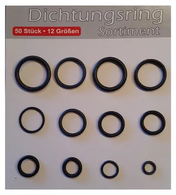 A collection of black O-rings of various sizes arranged in rows on a light gray and white background. Text labels indicate 'Dichtungsring Sortiment' and '50 Stück • 12 Größen'.