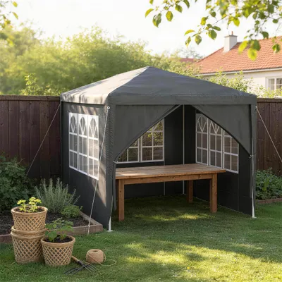 Produktbild von LZQ 3x3m Garten Partyzelt Pavillon Gartenzelt Festzelt UV-Schutz Gartenpavillon Bierzelt mit 4 Abnehmbaren Seitenwänden für Garten Party Hochzeit, Anthrazit