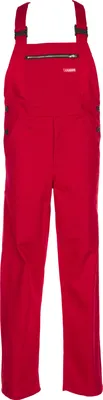 A red pair of overalls is shown against a white background.