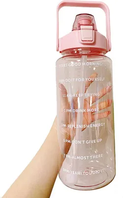 Produktbild von Große Kapazität Sport Trinkflasche mit Klickverschluss Auslaufsicher Wasserflasche, Trinkflasche mit Strohhalm, Wasserflasche mit Zeitmarkierun, rosa, 2000 ML