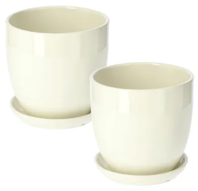 Productafbeelding van KOTARBAU® Bloempot, sierpot, keramiek, voor bloemen en planten, diameter 15 cm, met lekbak, beige, set van 2