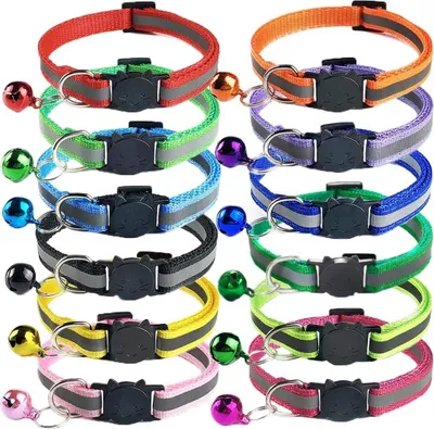 Produktbild von 12 Stück reflektierende Katzenhalsbänder, Katzenhalsband mit Sicherheitsverschluss und Glöckchen, Halsband Katze, verstellbar, 19-32 cm
