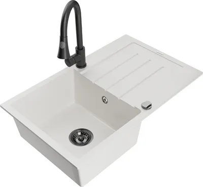 Produktbild von Mexen Bruno 1 Becken-Granitspüle mit Abtropffläche und Mischbatterie Elia, Weiß - 6513-20-670101-70