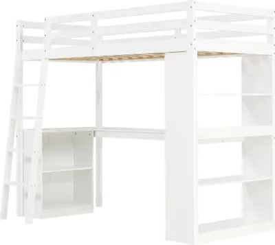 Produktbild von Hochbett mit Schreibtisch und Regal 90x200 cm, Kinderbett mit Lattenrost, Leiter und Rausfallschutz, Kiefer