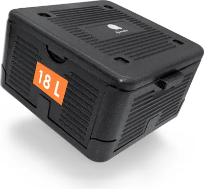A black foldable cooler box with an orange label indicating its capacity.