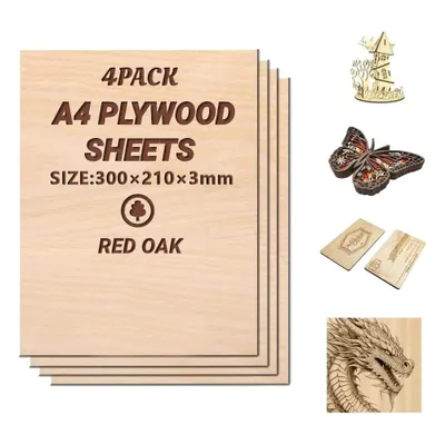 Image de 4 x A4 contreplaqué 3mm | Red Oak panneau en bois- Découpes fines en bois| Feuille parfaite pour la scie à chantourner, la pyrogravure,la découpe laser, le routeur CNC