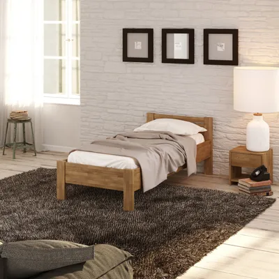 A bedroom scene with a single bed, a nightstand, and decorative elements.