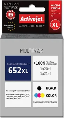 Immagine prodotto di Activejet AH-M652RX ink (replacement for HP 652 F6V25AE/F6V24AE; Premium; 1 x 20 ml, 1 x 21 ml; black, color)