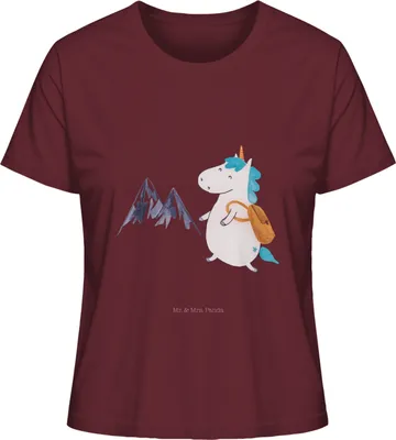 Produktbild von Mr. & Mrs. Panda Damen T-Shirt Einhorn Bergsteiger Größe M - Burgundy - Geschenk, Sommershirt, Baumwoll, Reisen, Oberteil, Abenteuer, Damenshirt, shirt, Einhörner, Berge