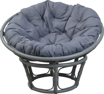 A papasan chair with a gray cushion, presented against a white background.