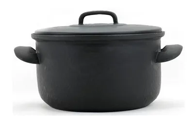 A black enamel pot with a lid and handles, shown against a white background.