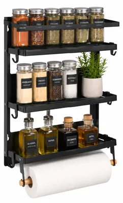 Immagine prodotto di Relaxdays, scaffale per spezie, con 3 ripiani, organizer magnetico per la cucina, porta rotoli da cucina, 10 ganci, metallo, nero