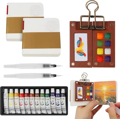 Imagen del producto de Set de acuarelas mini, 12 colores, 2 cuadernos de dibujo, paleta con 8 compartimentos, ideal para llevar ContiGo!