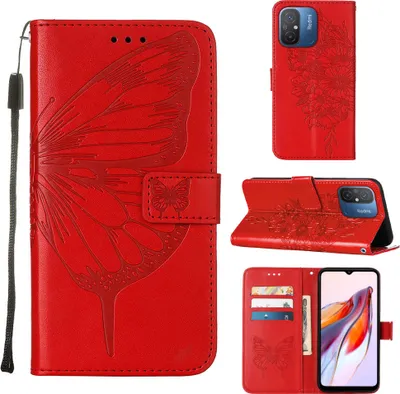 Produktbild von Lederhülle für Xiaomi Redmi 12C /Poco C55 Schmetterling Prägung Flip Ledertasche Kartenfächer Handyhülle mit Ständer Rot