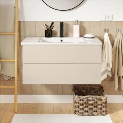 Immagine prodotto di Mobile bagno singolo da 80 cm con finitura rovere, lavabo e rubinetto SORRENTO
