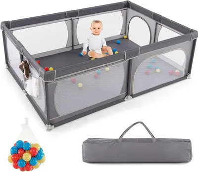 Produktbild von 200 x 140 cm Baby Laufstall Faltbar, Laufgitter mit 50 Bällen & Tragetasche, Krabbelgitter für Kinder im Innen- & Außenbereich (Dunkelgrau, ohne Matratze)