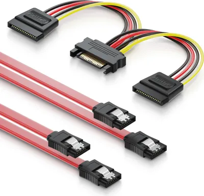 Produktbild von deleyCON SATA Kabel Set 2x SATA III Kabel mit Stecker gerade + Y Strom Adapter Kabel - SSD HDD Festplatte