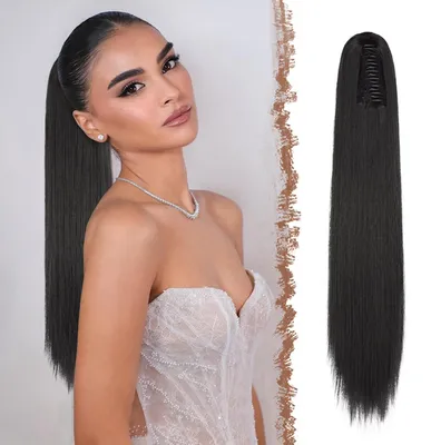 Obrázok produktu pre Čierna syntetická paruka s efektom "koňský chvost", dĺžka 63 cm, 2-v-1: s možnosťou upevnenia sponkami a stiahnutia šnúrkou