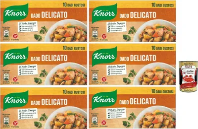 Produktbild von 6x knorr Delicato dado brodo Suppenwürfel Brühe sanft 10 pz, Nachhaltige Gemüsebrühe, glutenfrei, Laktose und Konservierungsmittel, für Suppen und gegrilltes Fleisch + Italian Gourmet polpa 400g