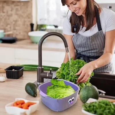Produktbild von Küchensieb-Schüssel-Set mit Obst- und Gemüsekorb, 2-in-1-Abtropfschüssel für die Küche, doppelschichtiges Lebensmittel-Abtropfbecken zum Waschen und Zubereiten von Nudelsalat