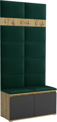 Produktbild von Garderoben-Set Noris I, gepolsterte Garderobe 100 cm mit Sitzbank, Wandpaneelen und Haken (Farbe:Artisan Eiche/Schwarz + Trinity 28)