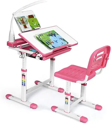 Produktbild von Kinderschreibtisch mit Stuhl, Kinderschreibtisch-Set mit Lampe & Buchständer, Kindertisch höhenverstellbar & neigungsverstellbar, Schülerschreibtisch Jugendschreibtisch Kinder (rosa)