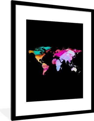 Produktbild von MuchoWow® Gerahmtes Poster Weltkarte - Regenbogen - Aquarell 60x80 cm - Poster mit Schwarzem Bilderrahmen Wandposter Rahmen Foto Bilder - Wohnzimmer - Dekorationen - Prämie