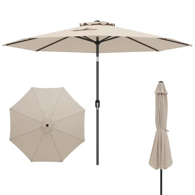 A beige patio umbrella is shown in three different views: open, top view, and closed.