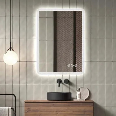 Image de Miroir de salle de bain avec éclairage LED, 50x70 cm, miroir lumineux, miroir mural avec éclairage frontal, anti-buée, variateur d'intensité, avec 3 couleurs de lumière réglables