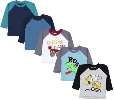 Produktbild von TupTam Baby Jungen Langarmshirt Gestreift 5er Set, Farbe: Bagger Monster Tuck Dino Grau Blau Grün, Größe: 86