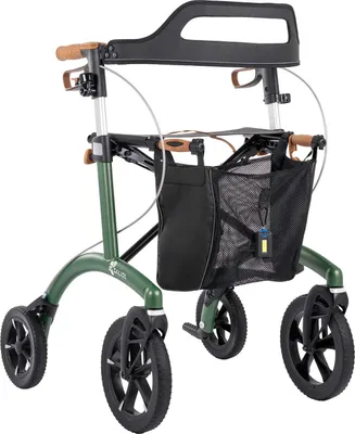 A green rollator walker with a black seat and bag, and brown handles, shown from a front-diagonal angle on a white background.