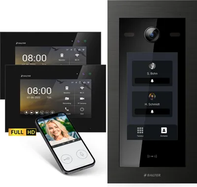 Produktbild von Balter EVO-HD Video Türsprechanlage mit Touchscreen Türstation, Video Türklingel, App, 2 Familienhaus, 2x 7 Zoll Monitor, Full HD, 2 Draht Bus, schwarz