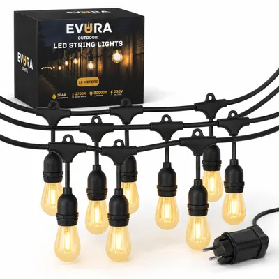 Produktbild von Evura Goods Lichterkette für Außen – LED String Light – 10 Meter – 15 Lampen – Weihnachtsbeleuchtung – IP65 Wasserdicht – Warmweiß – Gartenbeleuchtung