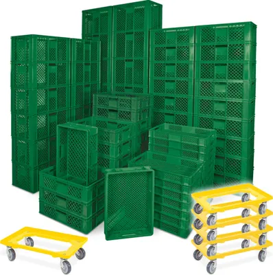 Produktbild von 78 Stück Stapelkörbe/Bäckerkästen in 5 Größen, Grundmaß LxB 600 x 400 mm, H 90 mm, 150 mm, 240 mm, 320 mm, 410 mm, Farbe grün + 5x Transportroller, gelb