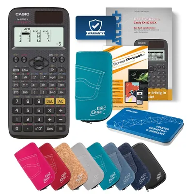 Produktbild von Casio FX-87 DE X Taschenrechner Tasche türkis, Folie, Fachbuch & Zirkel Set