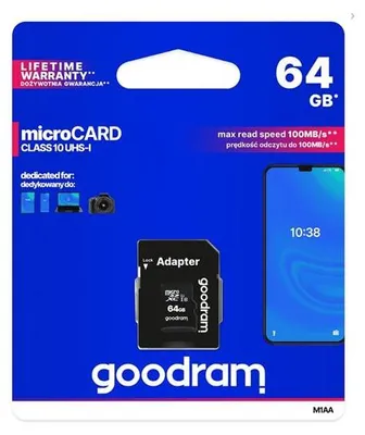 Zdjęcie produktu dla Goodram M1AA, 64 GB, MicroSDXC, Klasa 10, UHS-I, 100 MB/s, 10 MB/s