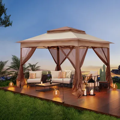 Produktbild von FCH  3.3 x 3.3 x 2.65M Pavillon Faltpavillon Gartenzelt Gartenpavillon mit Seitenwänden Popup Doppeldach, Khaki