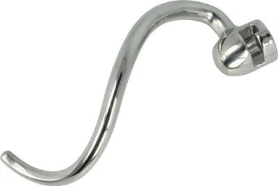 A close-up studio shot of a silver metal dough hook for a kitchen mixer, isolated on a white background.