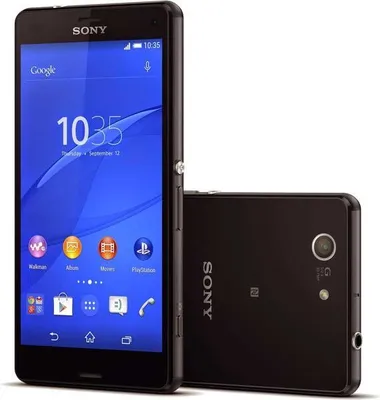 A black Sony Xperia Z3 Compact smartphone is shown from the front and back, placed on a white background.