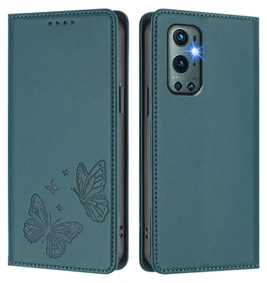Obrázek produktu pro Kožené pouzdro pro OnePlus 9 Pro, motýlí ražbou, peněženkové flip pouzdro se stojánkem Zelená