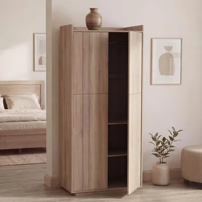 Immagine prodotto di Armadio HWC-P44, armadio guardaroba a 2 ante con apertura a pressione, MDF 184x80x40 cm ~ effetto rovere Sonoma