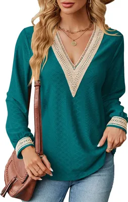Image de ASKSA Femme Col V Manches Longues T-shirt Elégant Blouse Epissure Dentelle Casual Manches Longues Tunique Tops, Vert, M